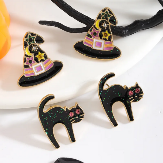 Witch Hat & Black Cat Enamel Earring