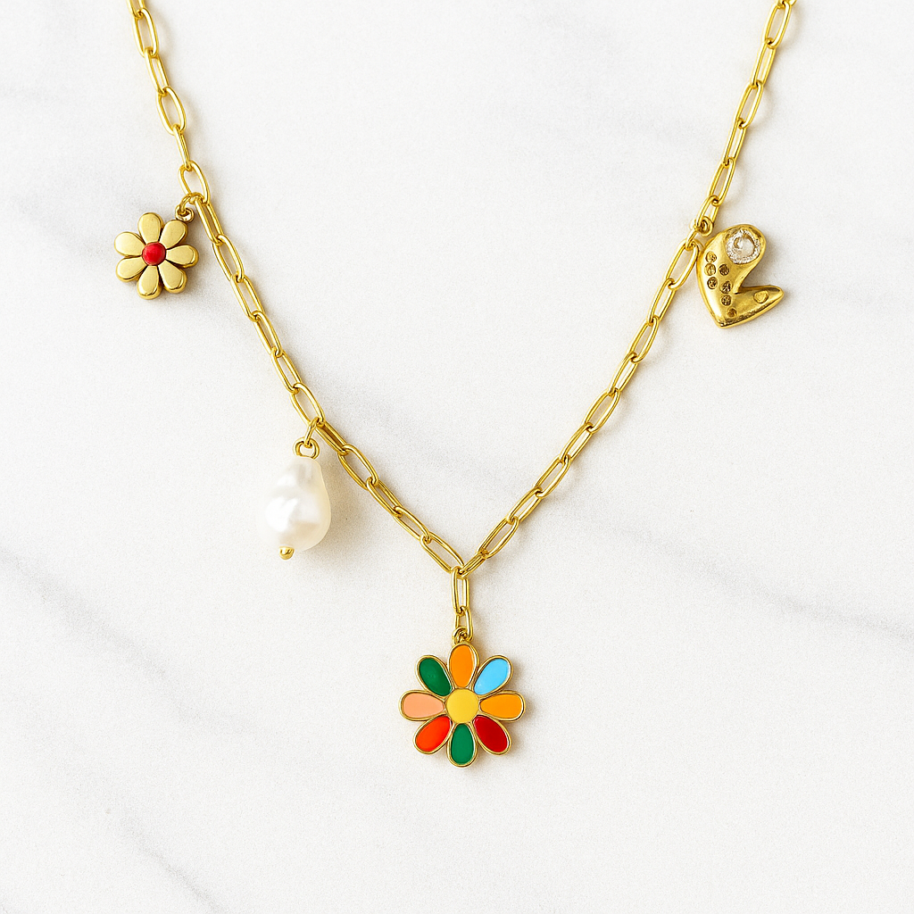 Multicolor Daisy and Pearl Charm Necklace