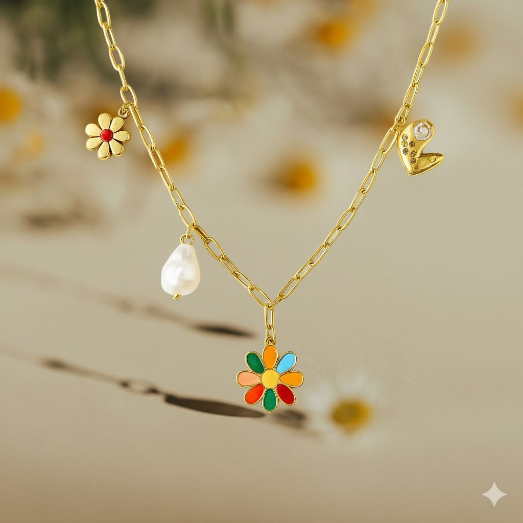 Multicolor Daisy and Pearl Charm Necklace