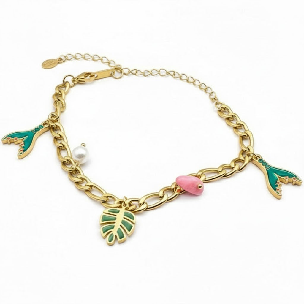 Tropical Charm Chain Bracelet – Mermaid Tail & Shell Gold Plated Bracelet