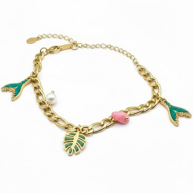 Tropical Charm Chain Bracelet – Mermaid Tail & Shell Gold Plated Bracelet
