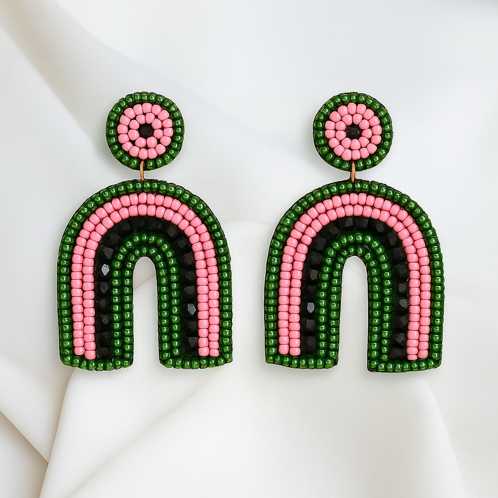 Pink & Green Rainbow Beaded Earring