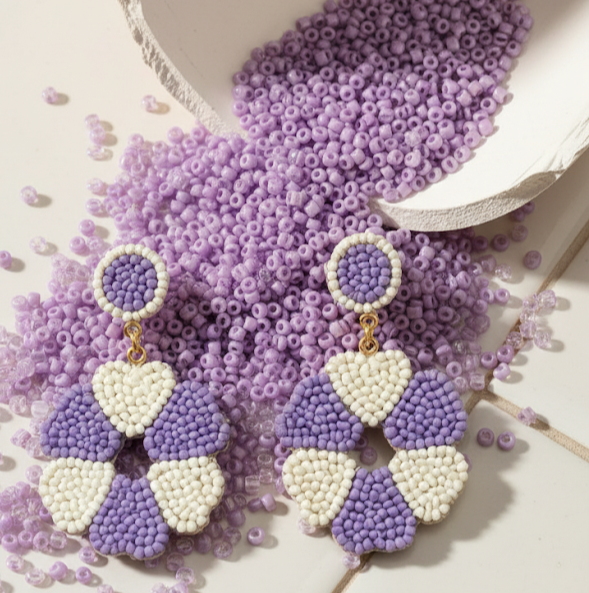 Beaded Floral Drop Earring – Lavender & Ivory