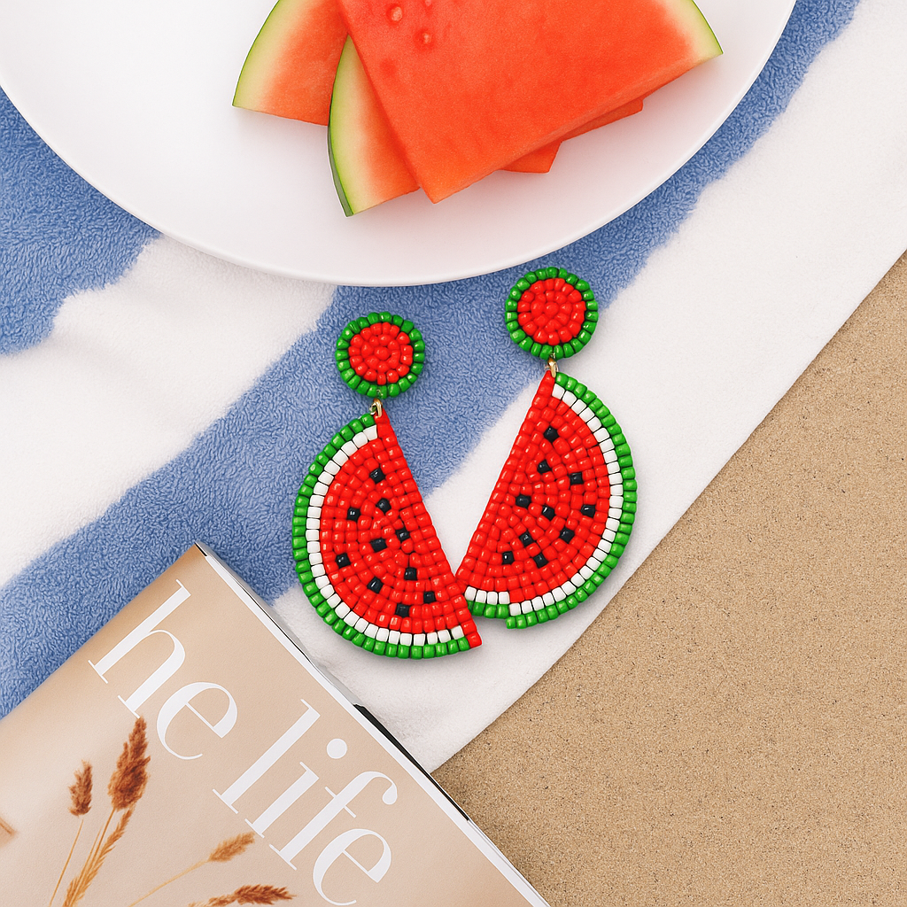 Handmade Watermelon Slice Beaded Earrings