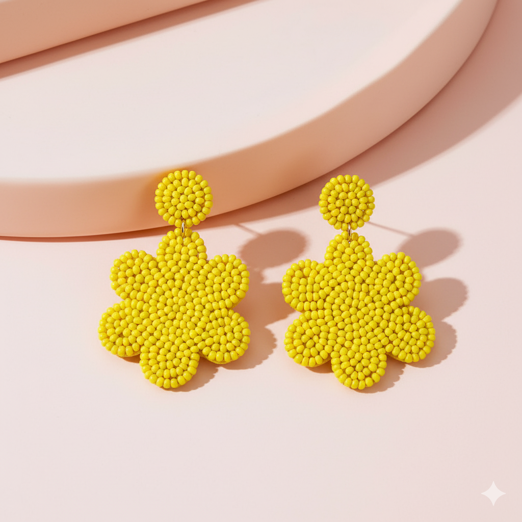 Handmade Yellow Beaded Flower Earrings