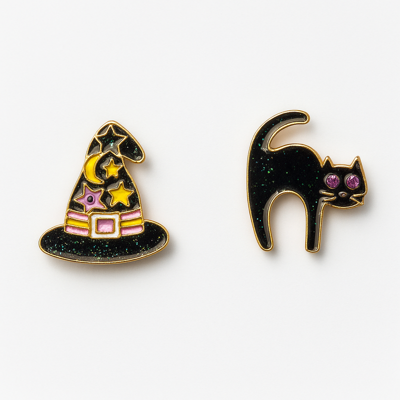 Witch Hat & Black Cat Enamel Earring