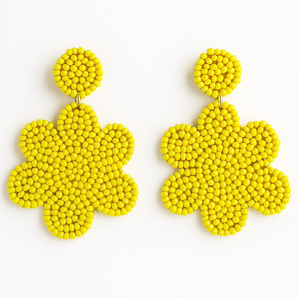 Handmade Yellow Beaded Flower Earrings