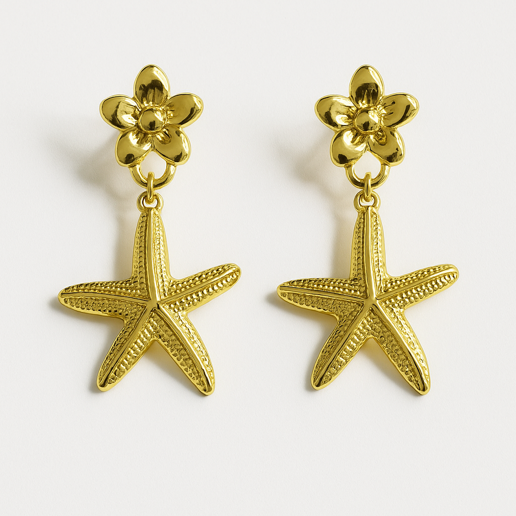 Golden Starfish & Flower Earring