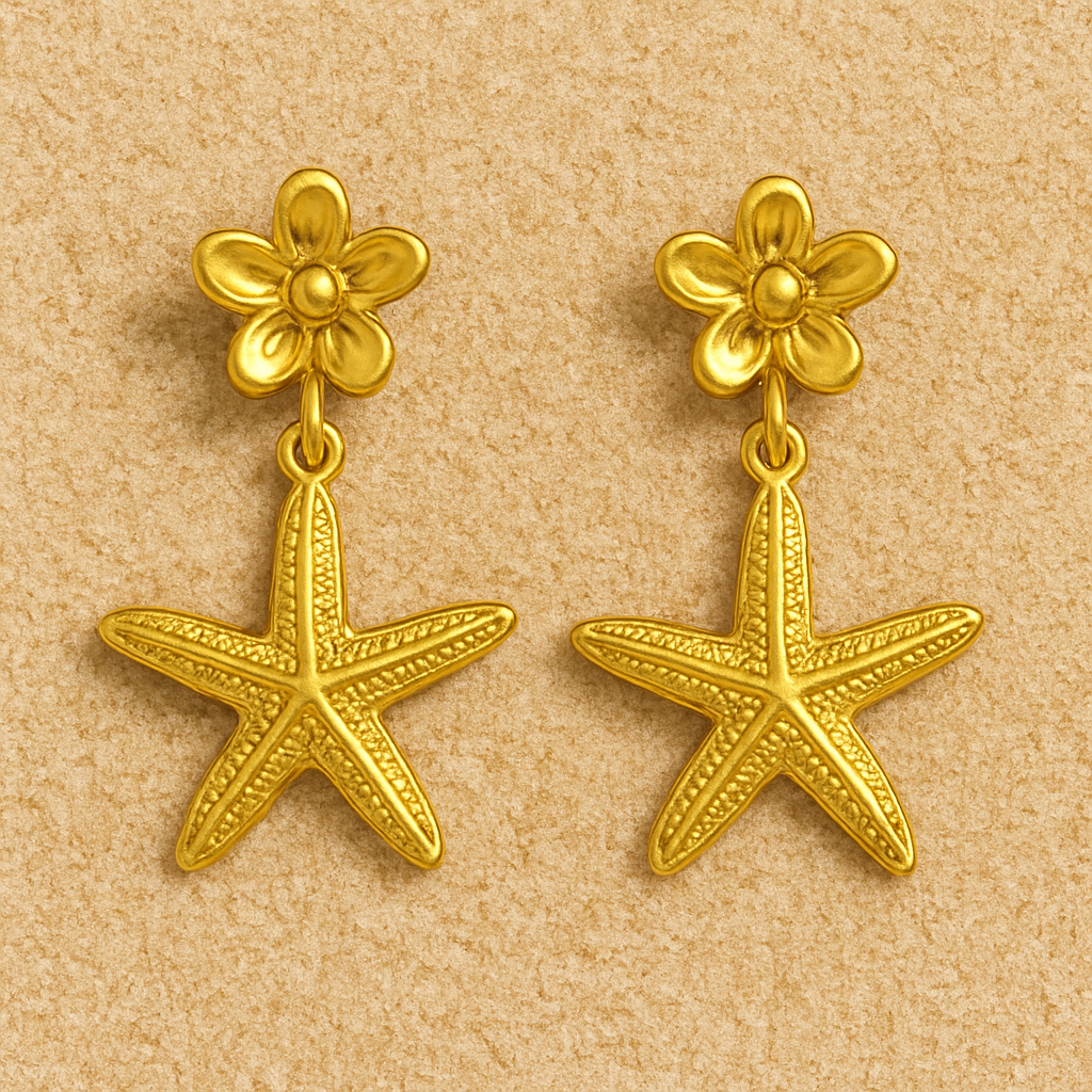 Golden Starfish & Flower Earring