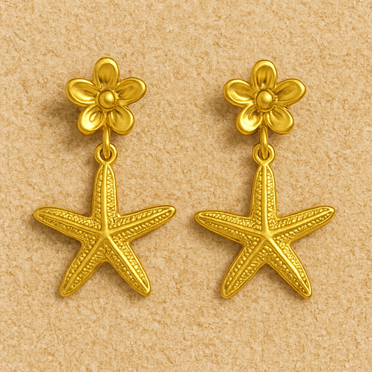 Golden Starfish & Flower Earring