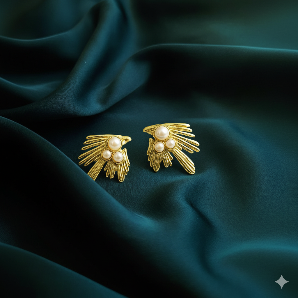 Golden Winged Pearl Stud Earring