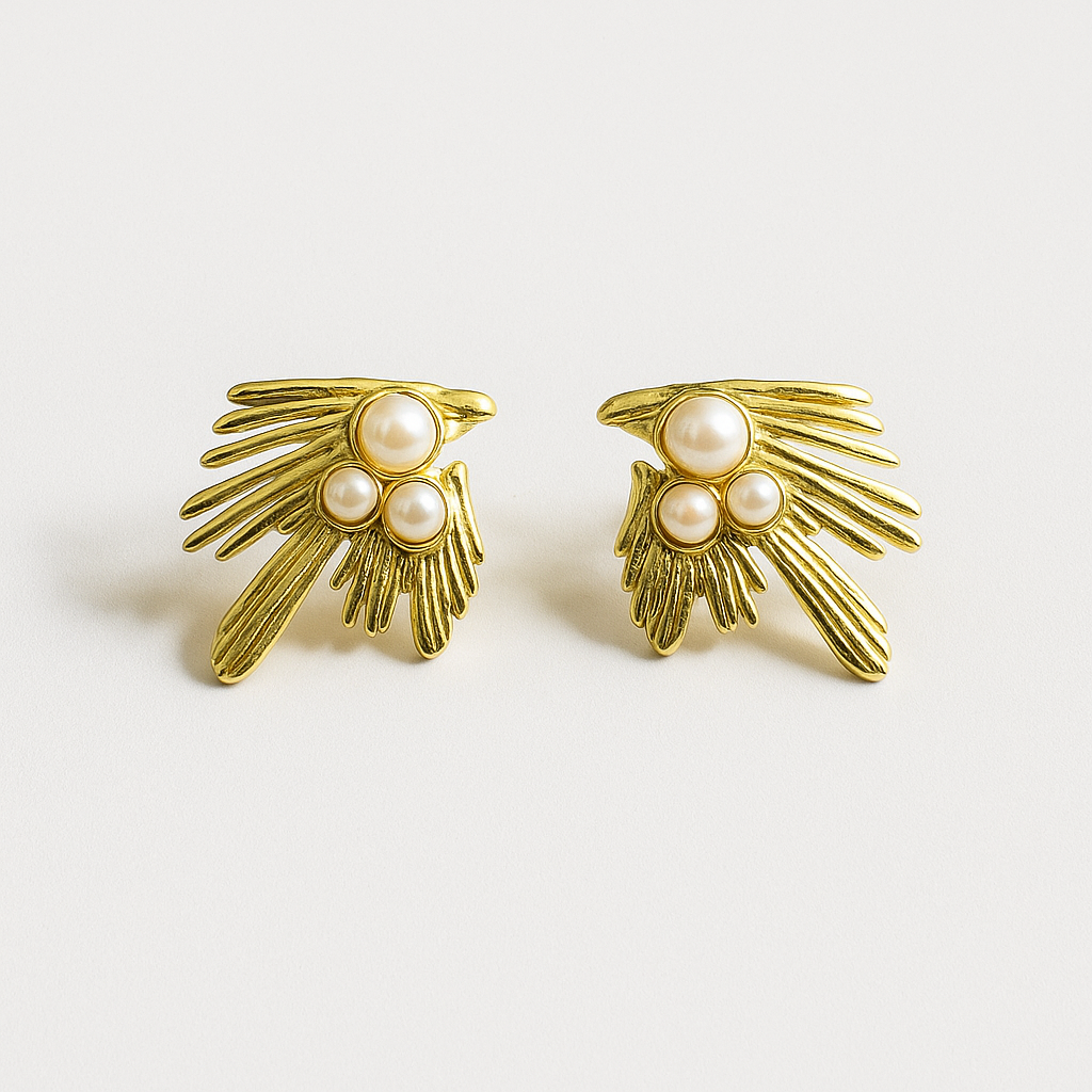 Golden Winged Pearl Stud Earring