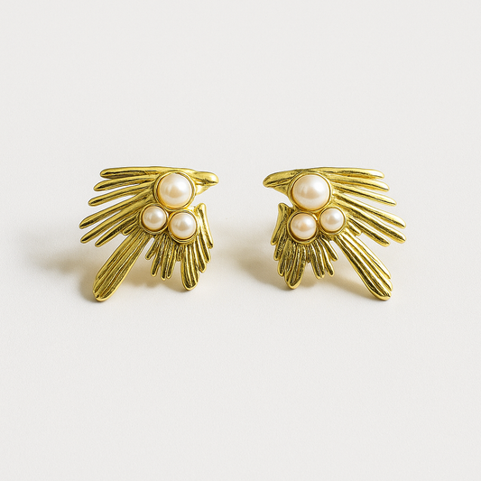 Golden Winged Pearl Stud Earring