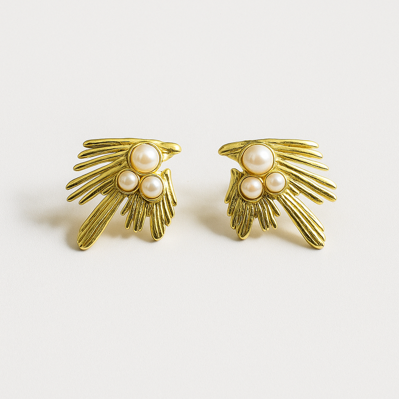 Golden Winged Pearl Stud Earring