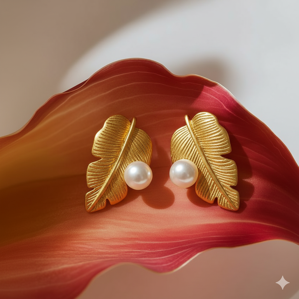 Gold-Tone Leaf & Pearl Stud Earring