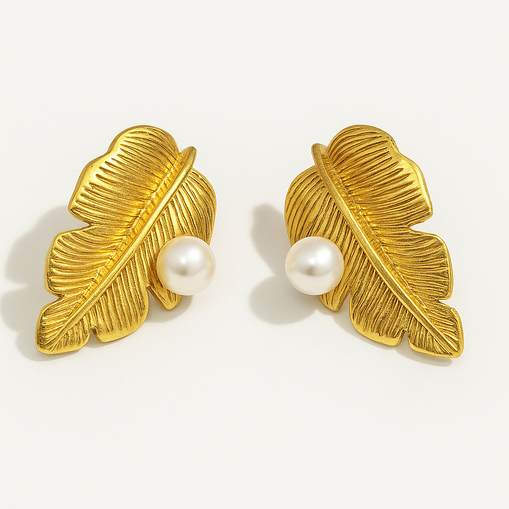 Gold-Tone Leaf & Pearl Stud Earring