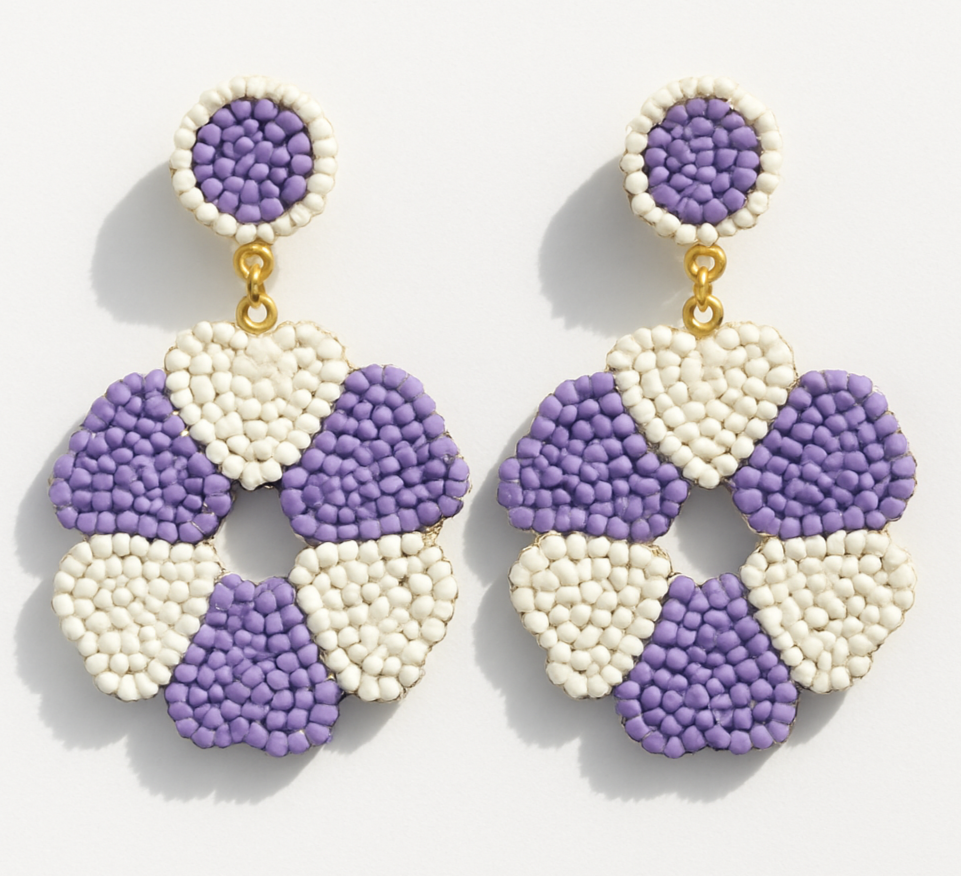 Beaded Floral Drop Earring – Lavender & Ivory