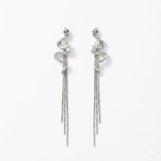 Kohana Maison Venin — Silver Serpent Crystal Tassel Drop Earrings
