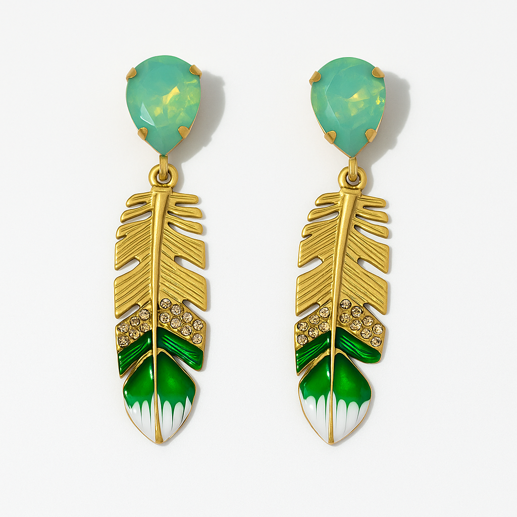 Green Gemstone Feather Drop Earring