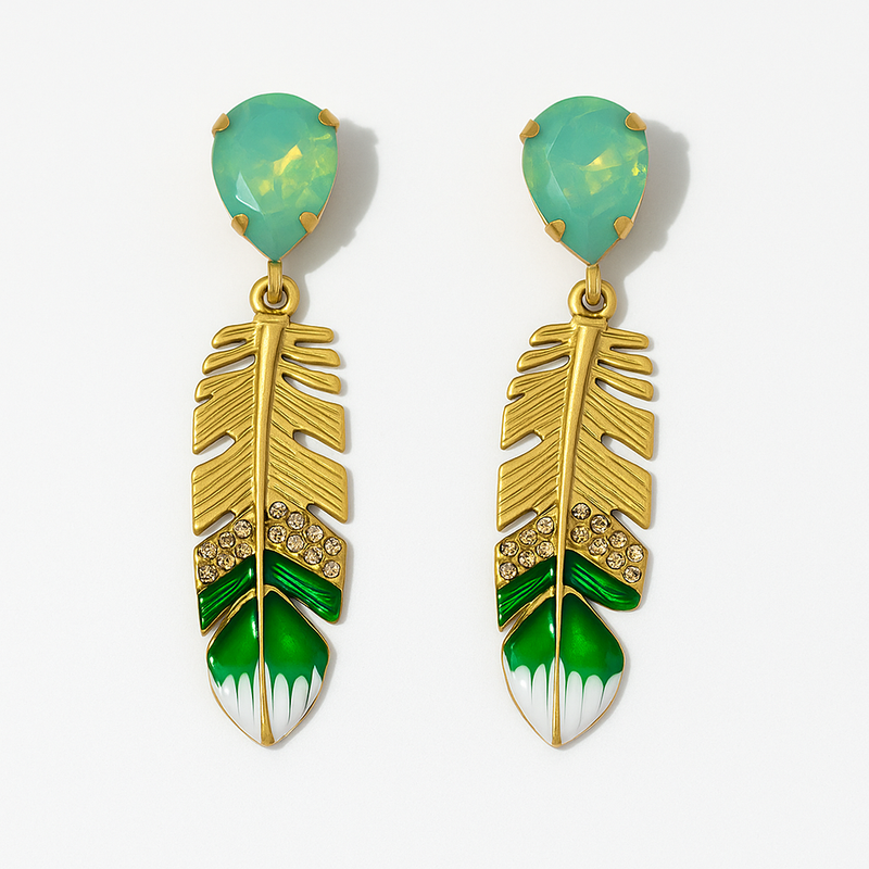 Green Gemstone Feather Drop Earring